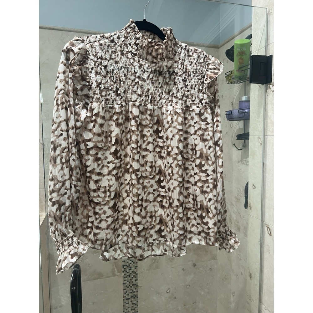 THML Anthropologie Smocked High Neck Leopard Blouse TM5075-1-BR Beige Small